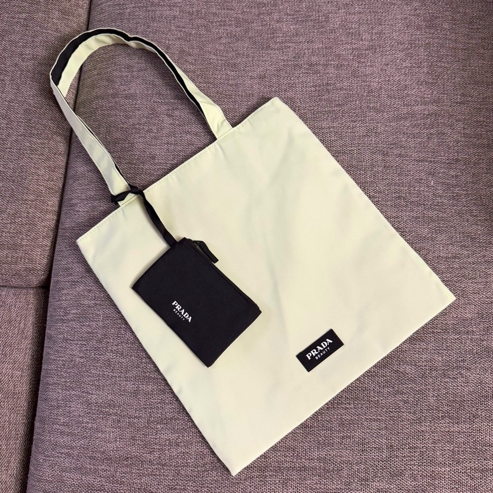 Prada Beauty Light Green Tote with Black Pouch New Authentic